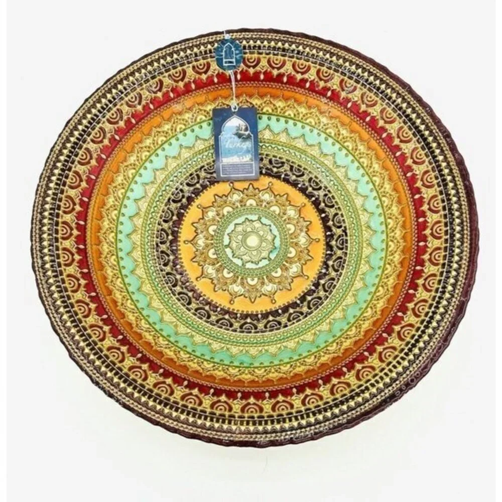 Turkish Glass Round Bowl Dinner Display Gold Oriental Lace 16” W 3” D